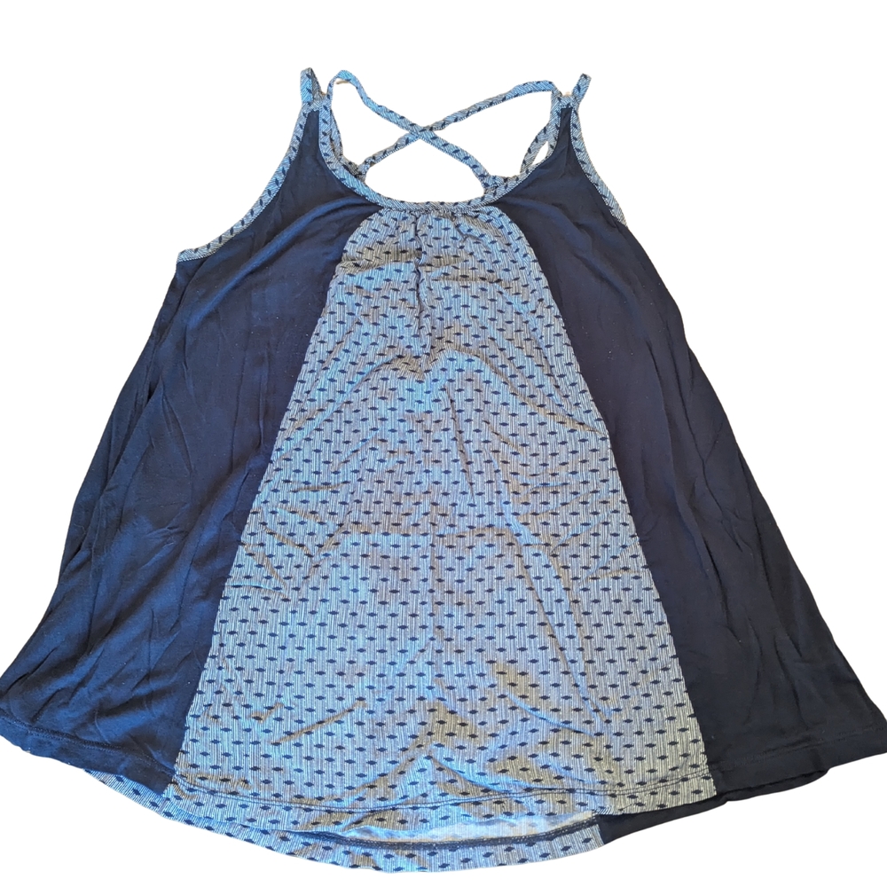 EUC CAbi 5202 Womens Medium Navy White  Crisscross Strappy Tank Diamond